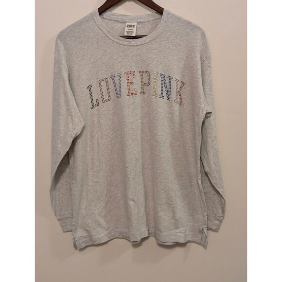 Victoria's Secret PINK Long Sleeve Shirt - Rainbow BLING Rhinestone Logo Tee - Picture 1 of 5